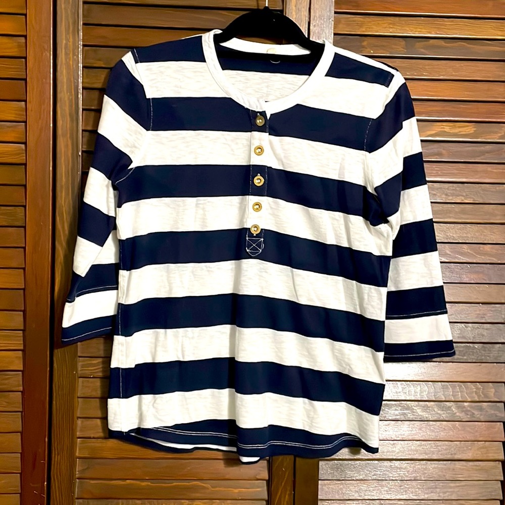 J. J Crew cotton nautical navy striped henley gold buttons M medium top tee